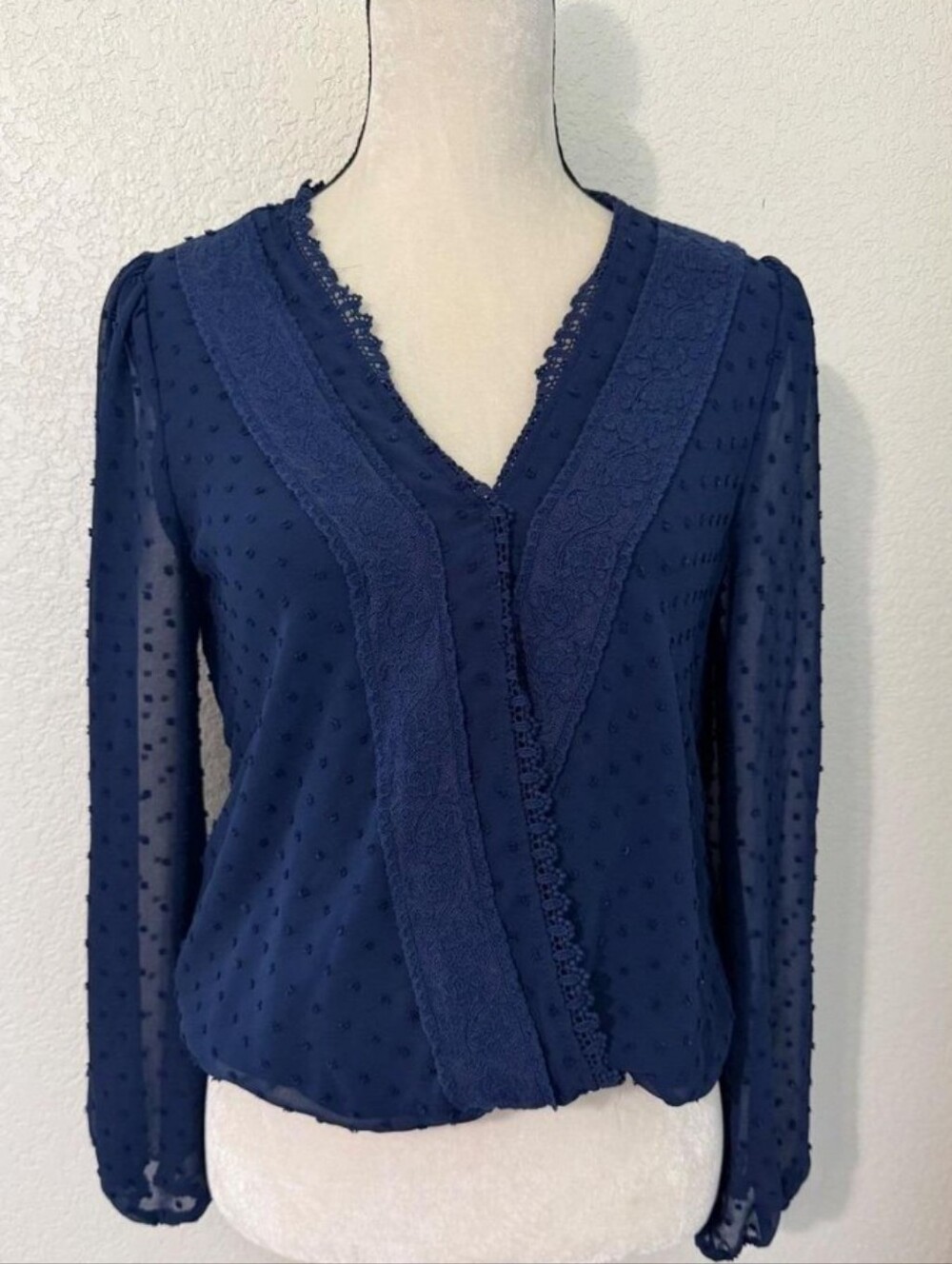 miami Navy V-Neck Lace Trim Swiss Dot Blouse